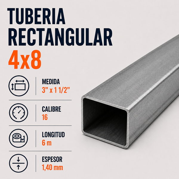 Tubo Rectangular 4 x 8 Cal. 16 x 6 m