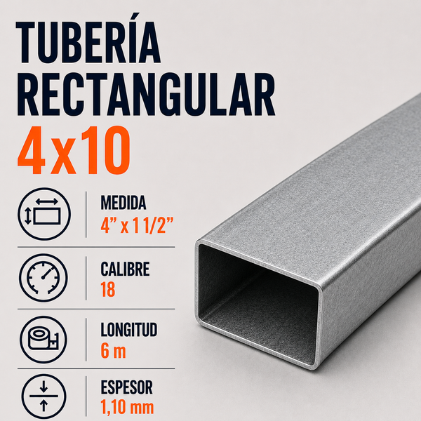 Tubo Rectangular 4 x 10 Cal. 18 x 6 m