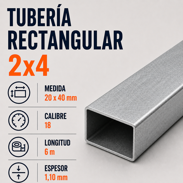 Tubo Rectangular 2 x 4 Cal. 18 x 6 m