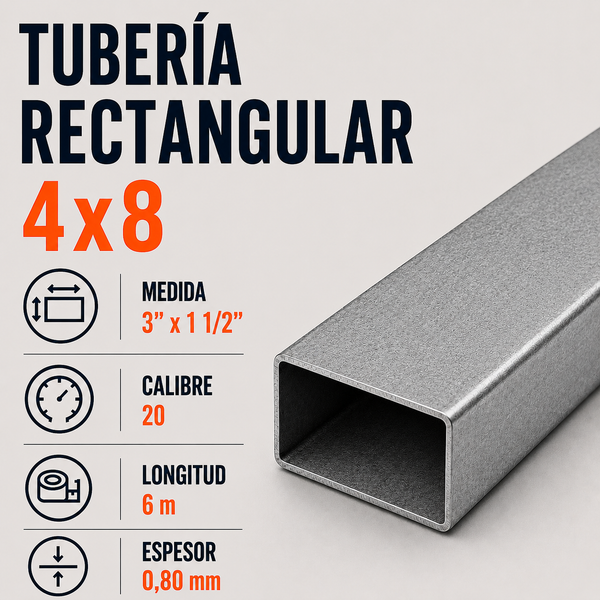 Tubo Rectangular 4 x 8 Cal. 20 x 6 m