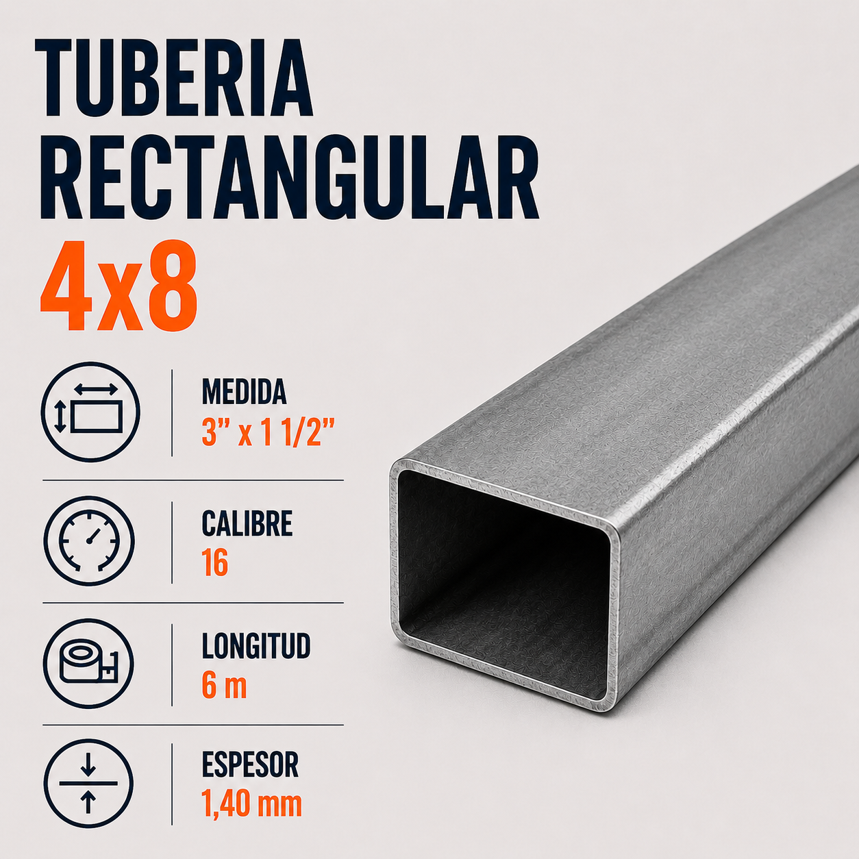 Tubo Rectangular 4 x 8 Cal. 16 x 6 m
