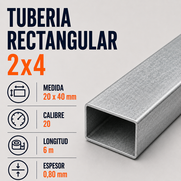 Tubo Rectangular 2 x 4 Cal. 20 x 6 m