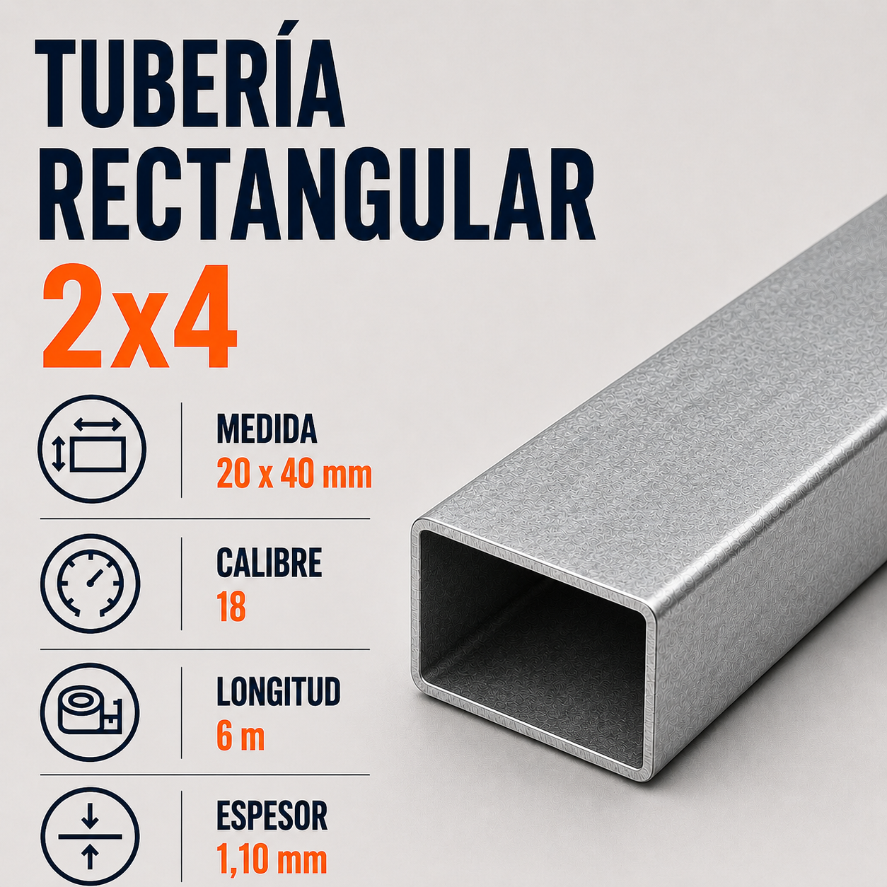Tubo Rectangular 2 x 4 Cal. 18 x 6 m