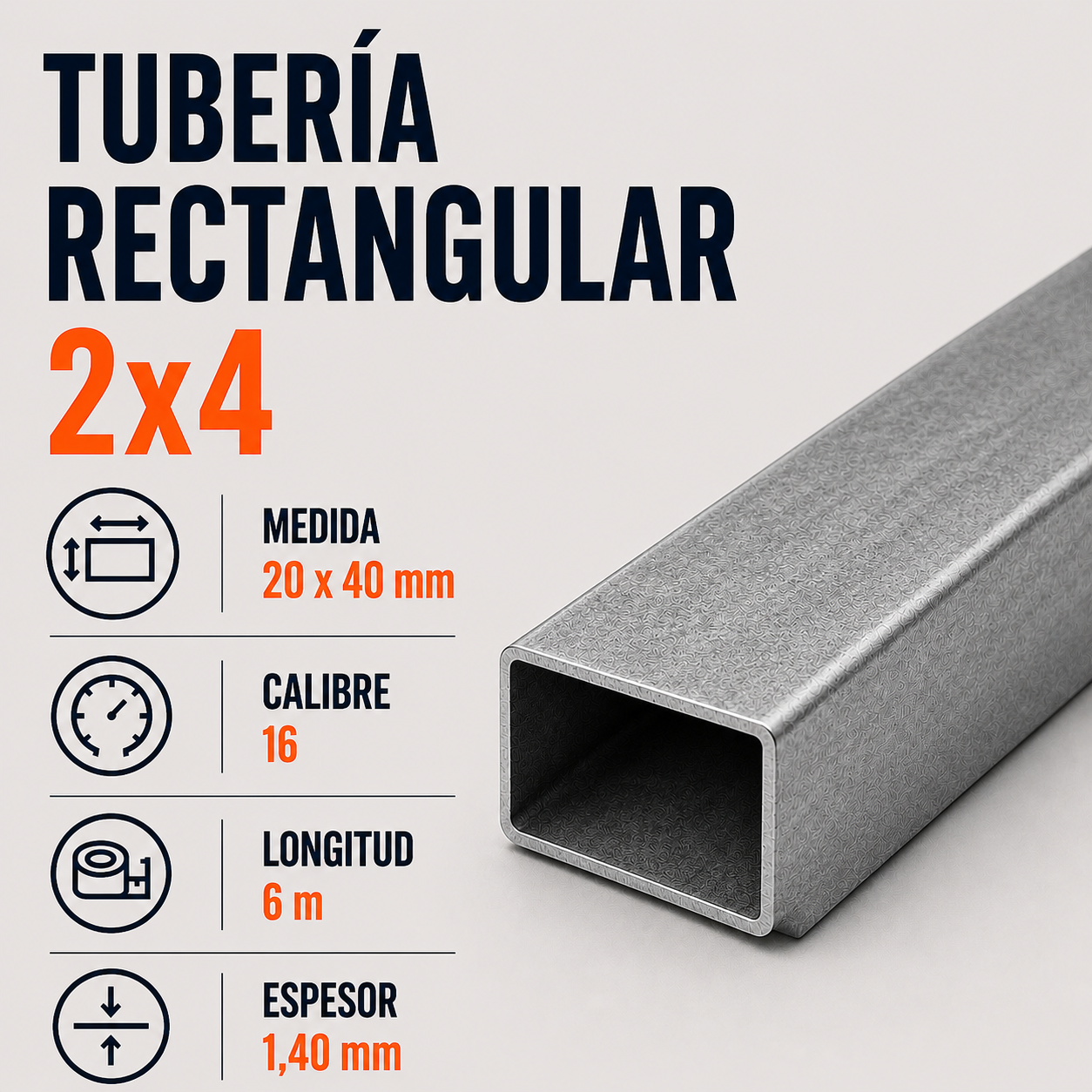 Tubo Rectangular 2 x 4 Cal. 16 x 6 m