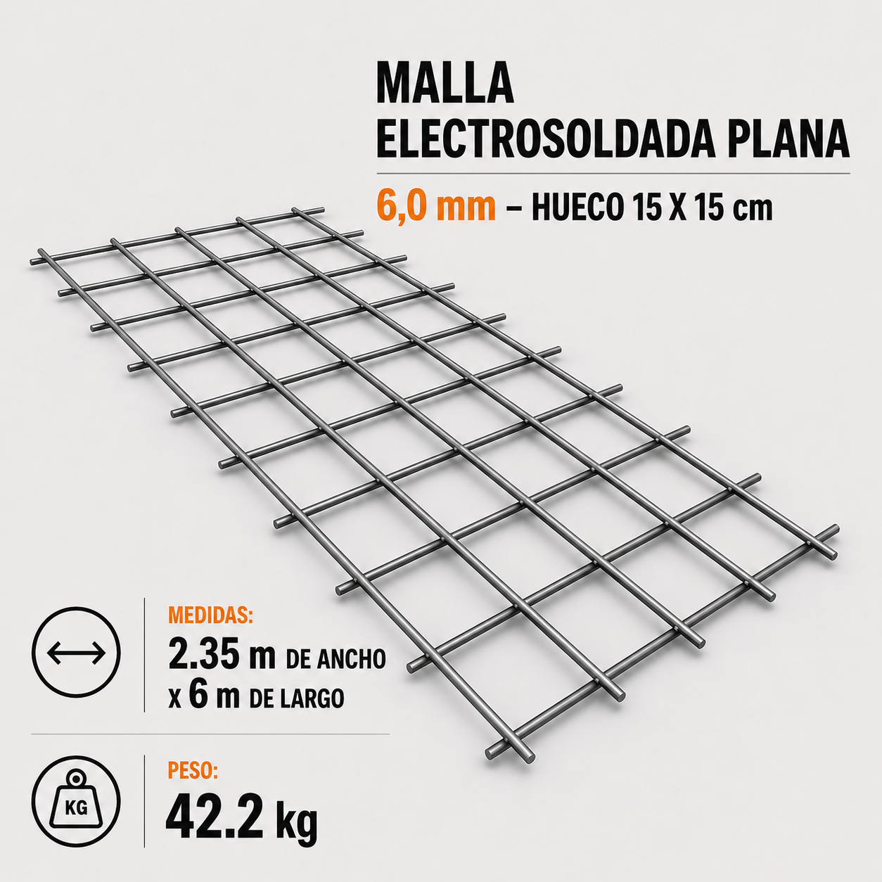Malla Electrosoldada Plana 6,0 mm – Hueco 15 x 15 cm x 6 m