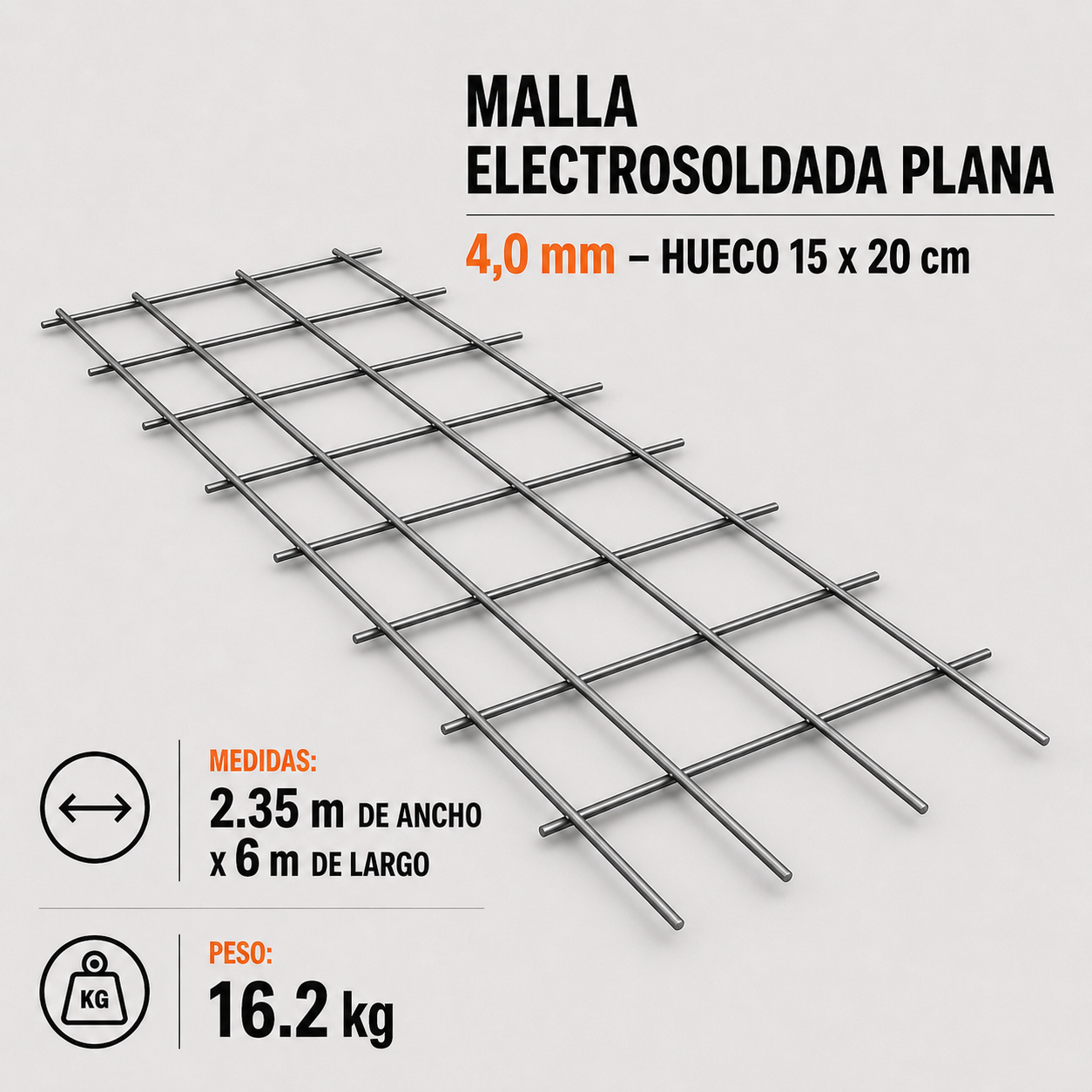 Malla Electrosoldada Plana 4,0 mm – Hueco 15 x 20 cm x 6 m