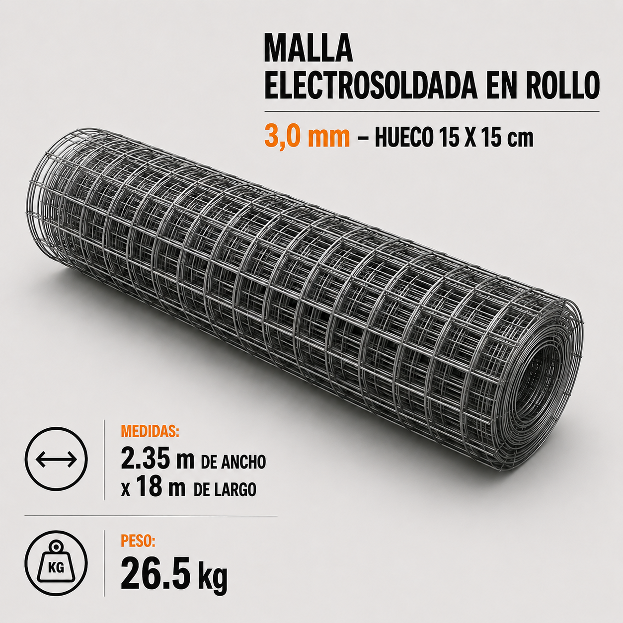 Malla Electrosoldada en Rollo 3,0 mm – Hueco 15 x 15 cm x 18 m