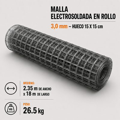 Malla Electrosoldada en Rollo 3,0 mm – Hueco 15 x 15 cm x 18 m