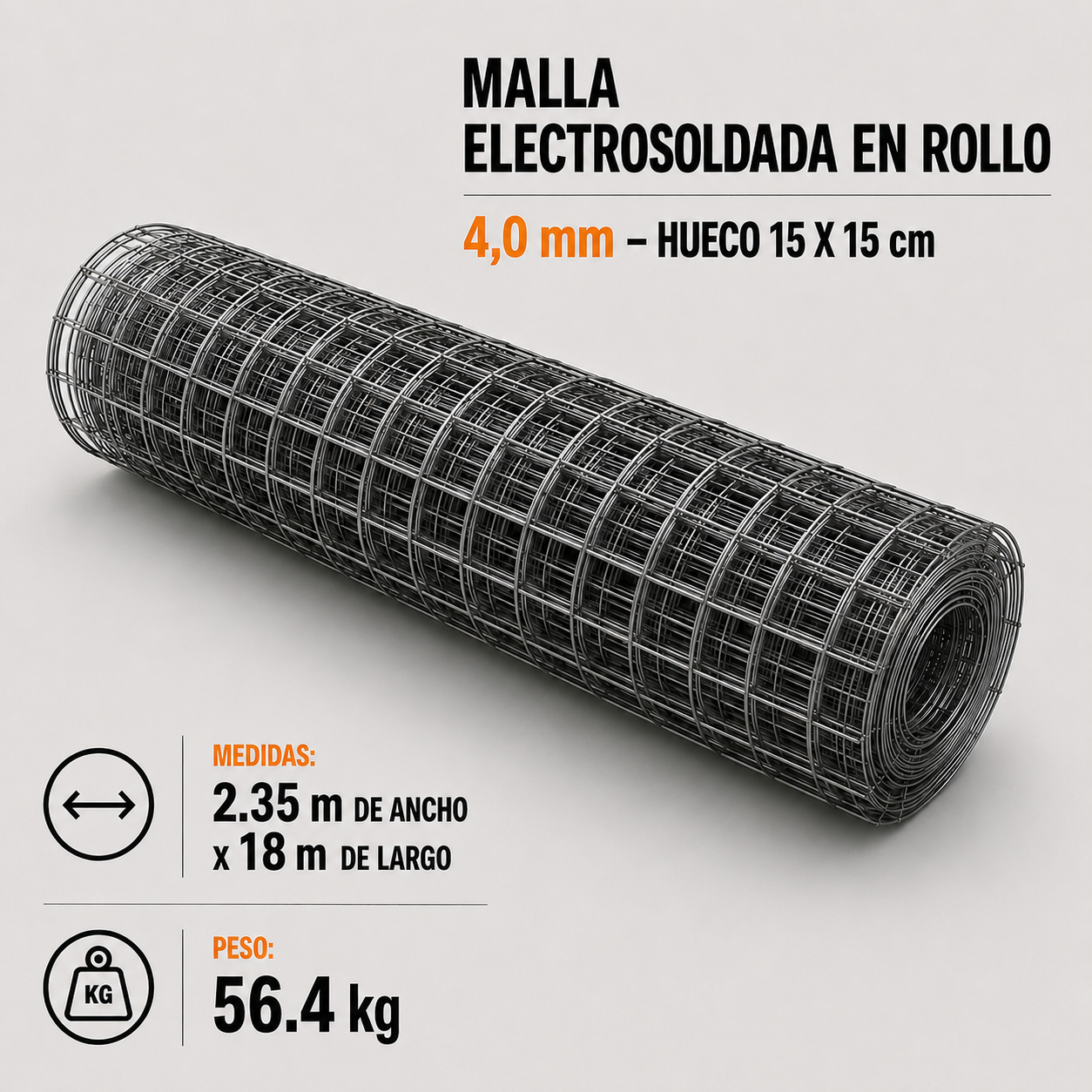 Malla Electrosoldada en Rollo 4,0 mm – Hueco 15 x 15 cm x 18 m