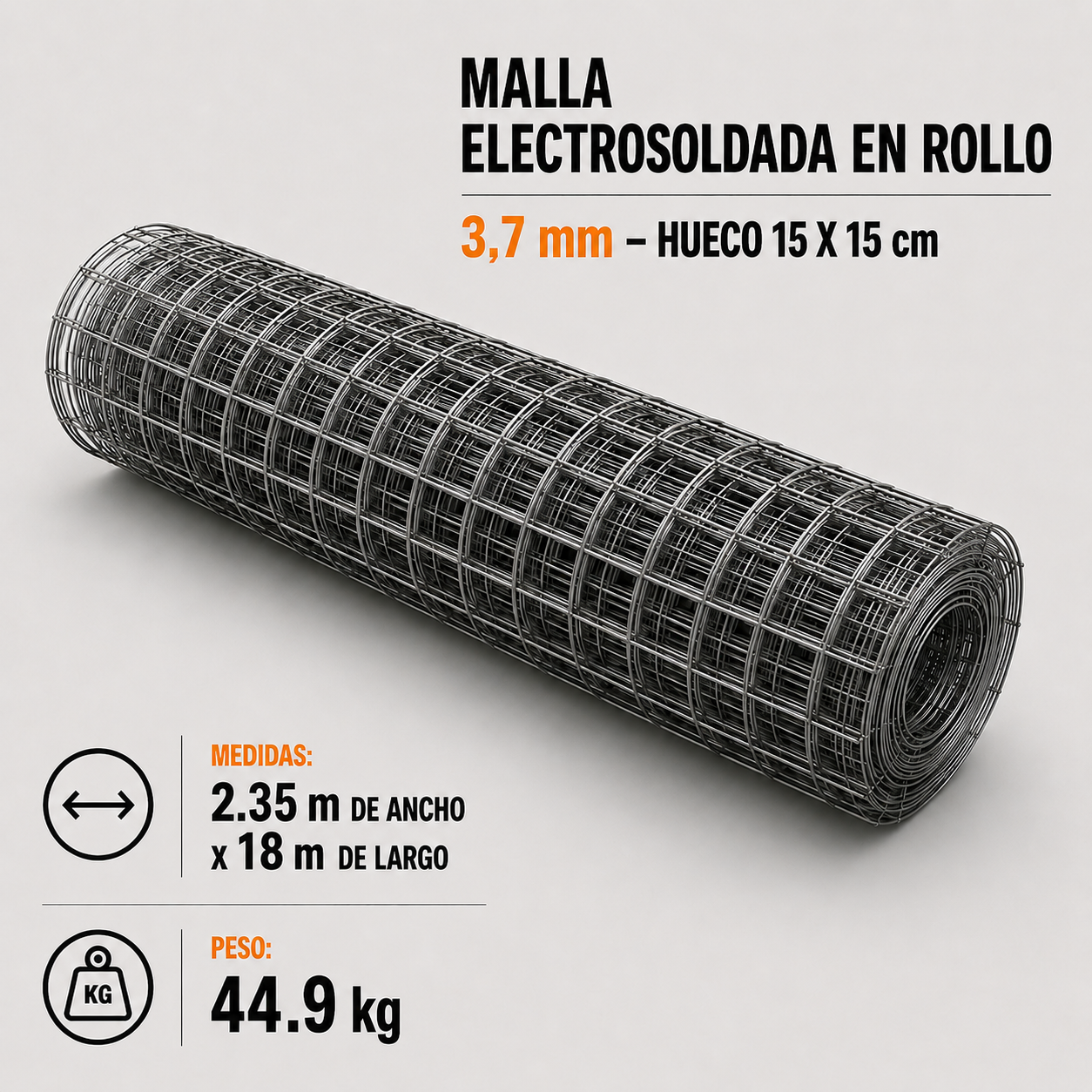 Malla Electrosoldada en Rollo 3,7 mm – Hueco 15 x 15 cm x 18 m