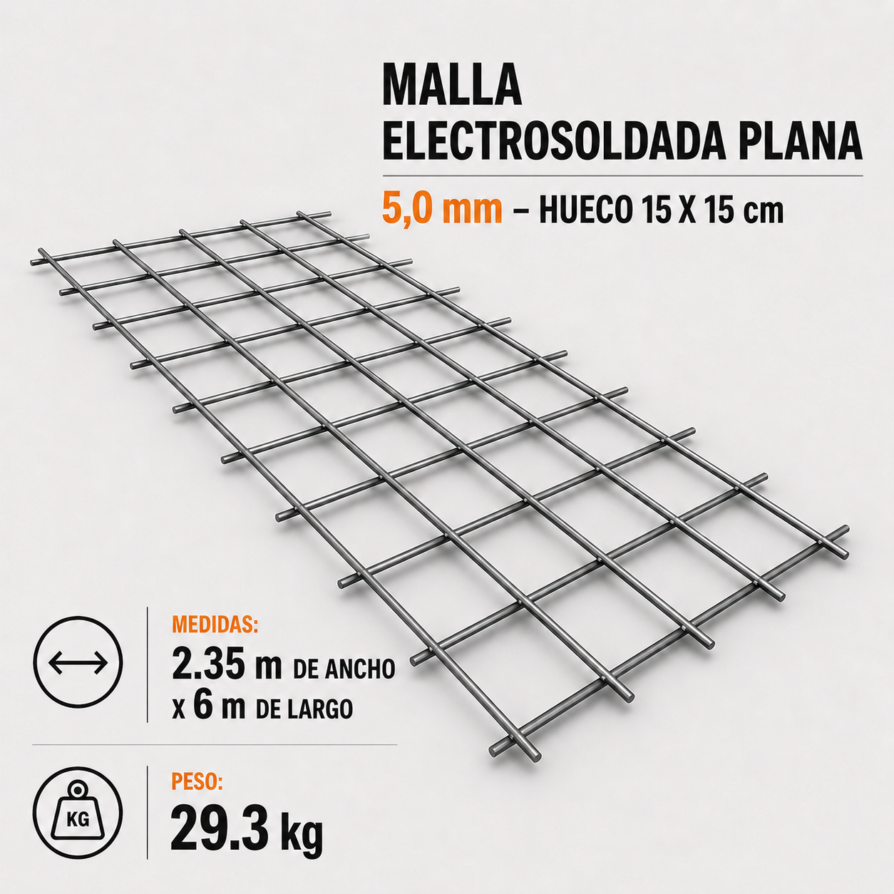 Malla Electrosoldada Plana 5,0 mm – Hueco 15 x 15 cm x 6 m