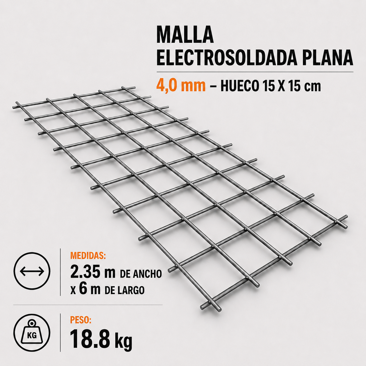 Malla Electrosoldada Plana 4,0 mm – Hueco 15 x 15 cm x 6 m