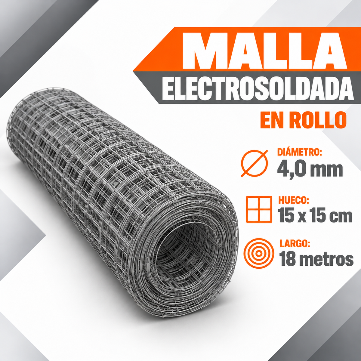 Malla Electrosoldada en Rollo 4,0 mm – Hueco 15 x 15 cm x 18 m