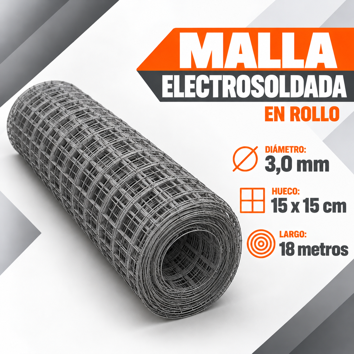 Malla Electrosoldada en Rollo 3,0 mm – Hueco 15 x 15 cm x 18 m