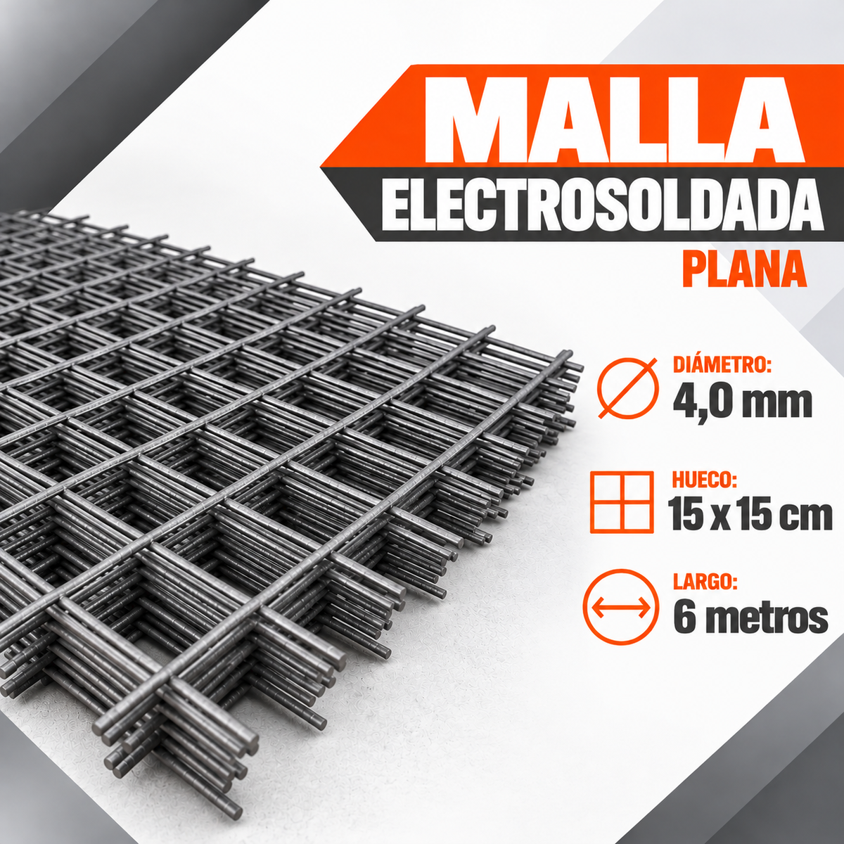 Malla Electrosoldada Plana 4,0 mm – Hueco 15 x 15 cm x 6 m