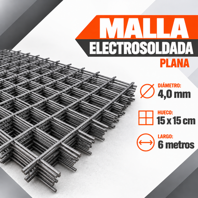 Malla Electrosoldada Plana 4,0 mm – Hueco 15 x 15 cm x 6 m