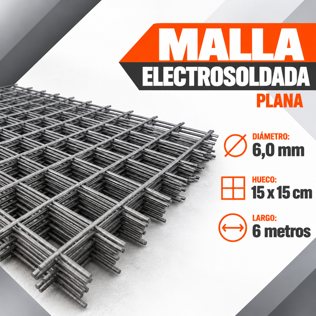 Malla Electrosoldada Plana 6,0 mm – Hueco 15 x 15 cm x 6 m