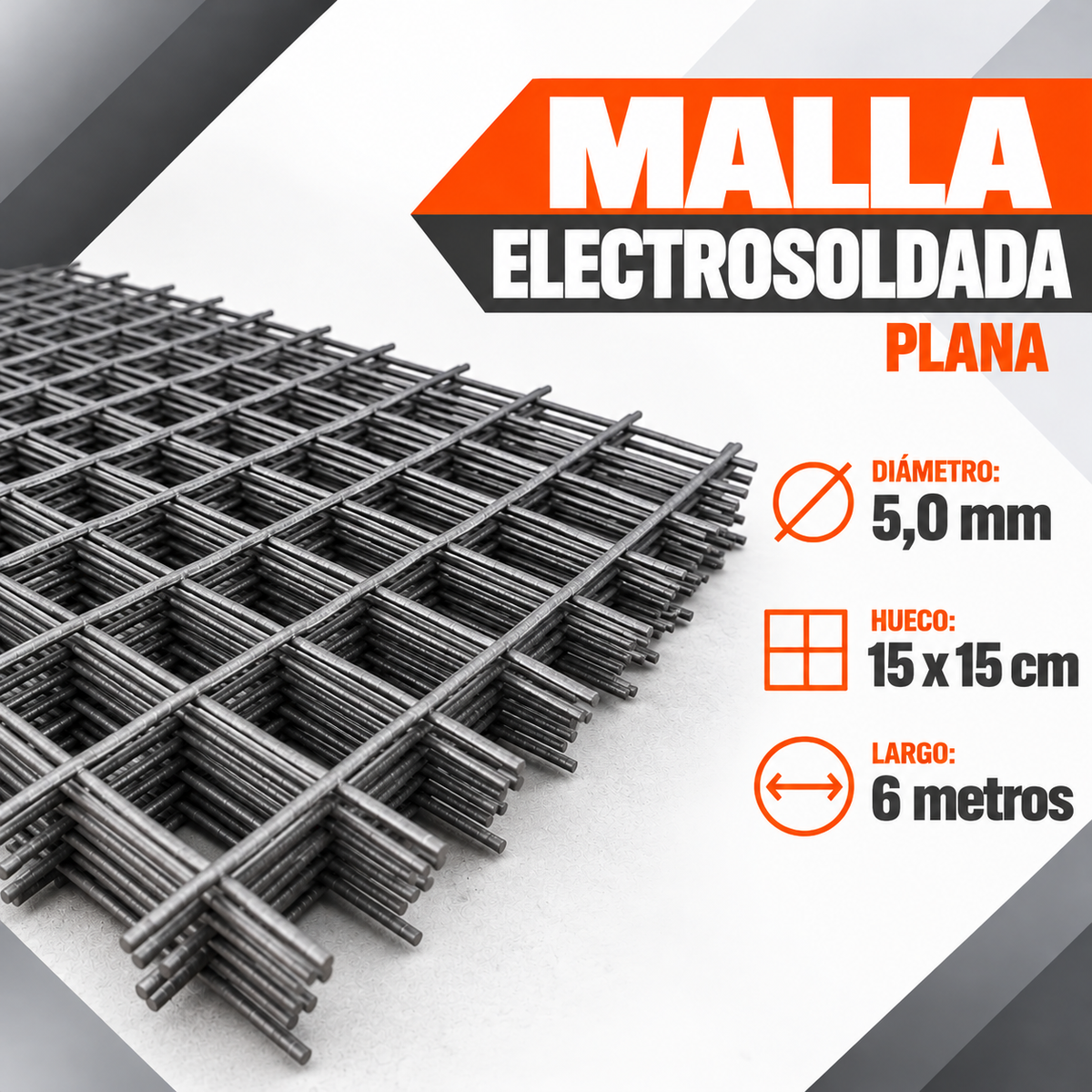Malla Electrosoldada Plana 5,0 mm – Hueco 15 x 15 cm x 6 m